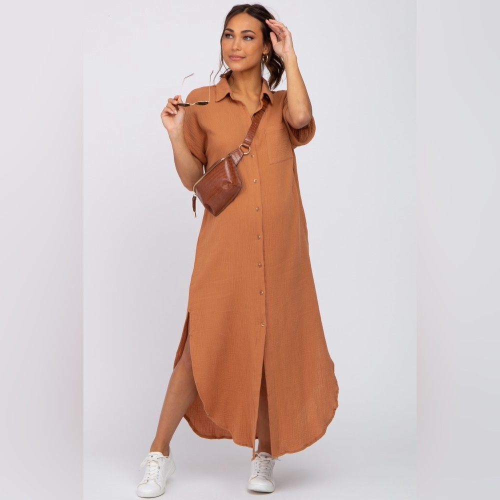 Camel woven cotton button up midi maxi dress nwot - Picture 5 of 6